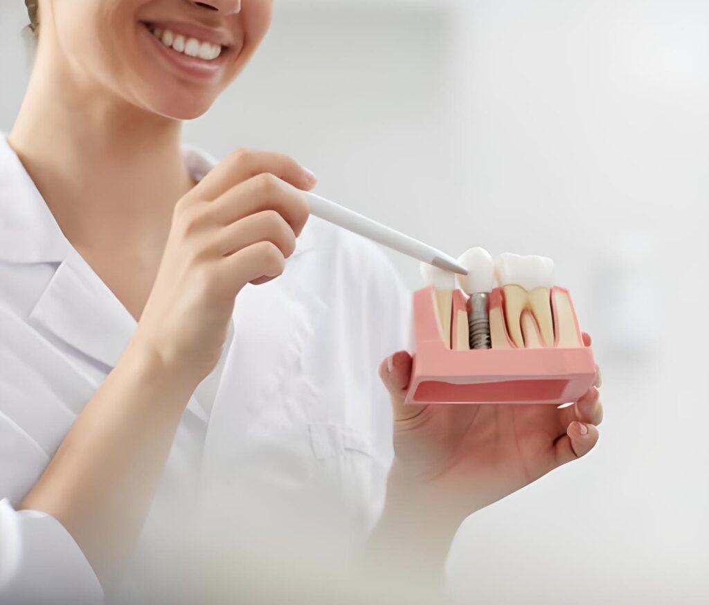 dentista mostrando maqueta implante dental